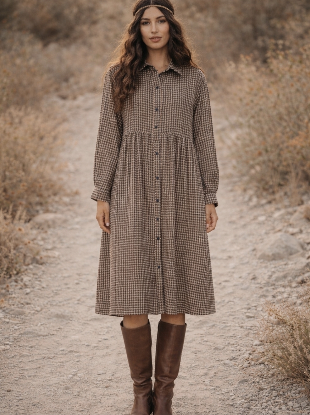 Soolinen Midi Dress Brown Houndstooth Button Front Collared Linen Blend Sz L